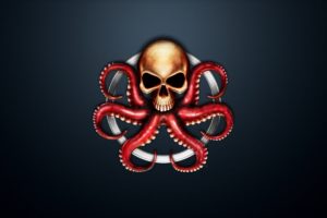 digital art, Skull, Simple background, Logo, Octopus, Tentacles, Blue background, Circle, Hydra, Marvel Comics, Hydra (comics)
