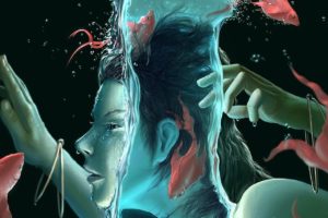 women, Long hair, Face, Profile, Bare shoulders, Hands, Digital art, Drawing, Water, Fish, Underwater, Bubbles, Black background, Surreal, Splashes
