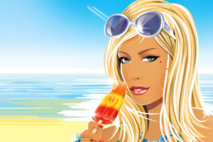 women, Long hair, Face, Blonde, Bare shoulders, Blue eyes, Digital art, Drawing, Sunglasses, Sea, Ice cream, Vector graphics, Beach