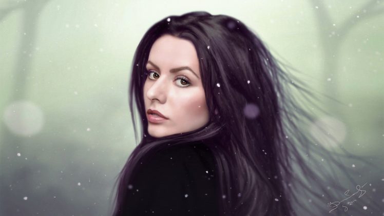 women, Long hair, Face, Digital art, Drawing, Brown eyes, Snow, Winter HD Wallpaper Desktop Background