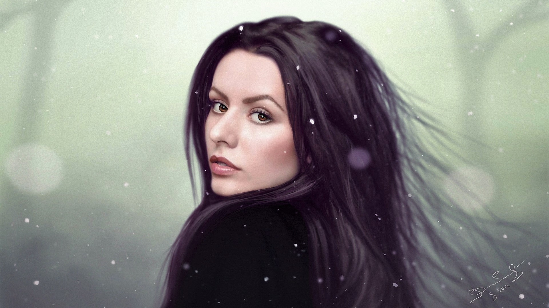 women, Long hair, Face, Digital art, Drawing, Brown eyes, Snow, Winter Wallpaper