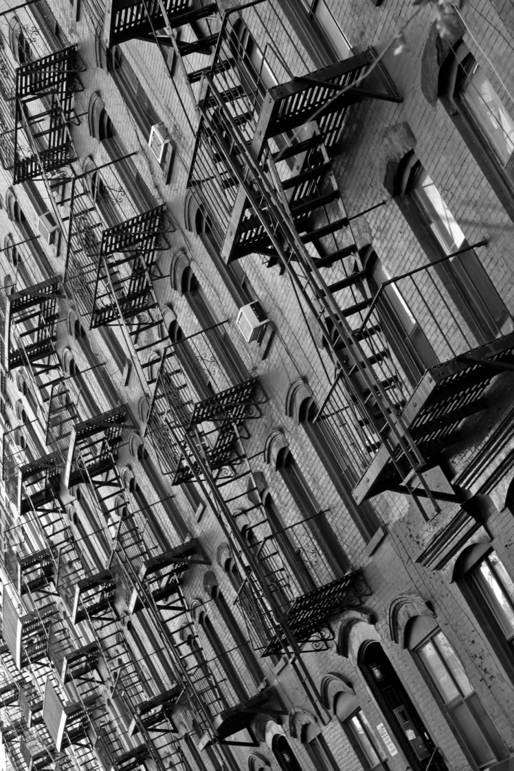 architecture, Monochrome, Photography, Building, Portrait display, Window, New York City, USA, Stairs, Bricks, Door HD Wallpaper Desktop Background