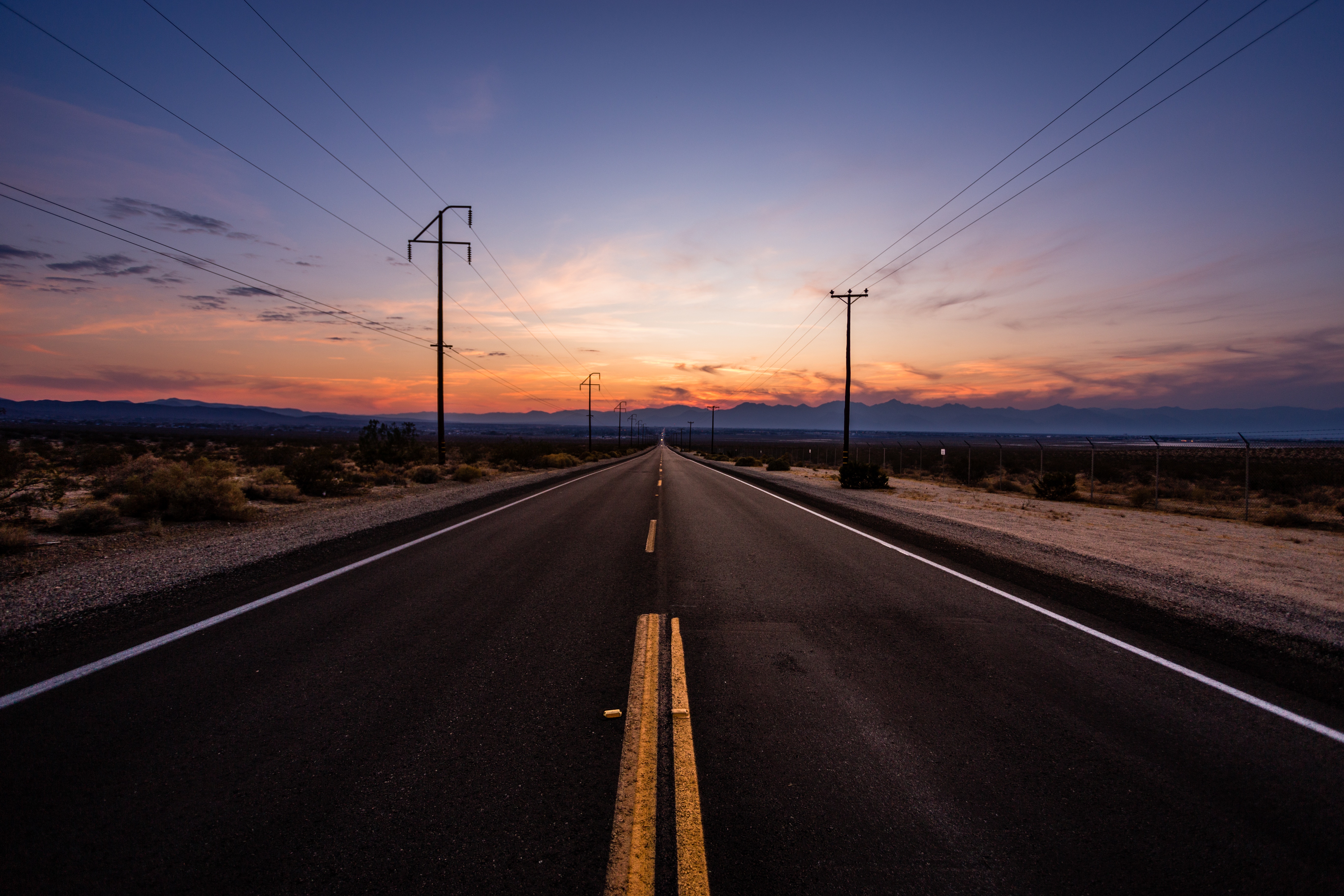 road, Sunset, Desert, Clouds Wallpaper