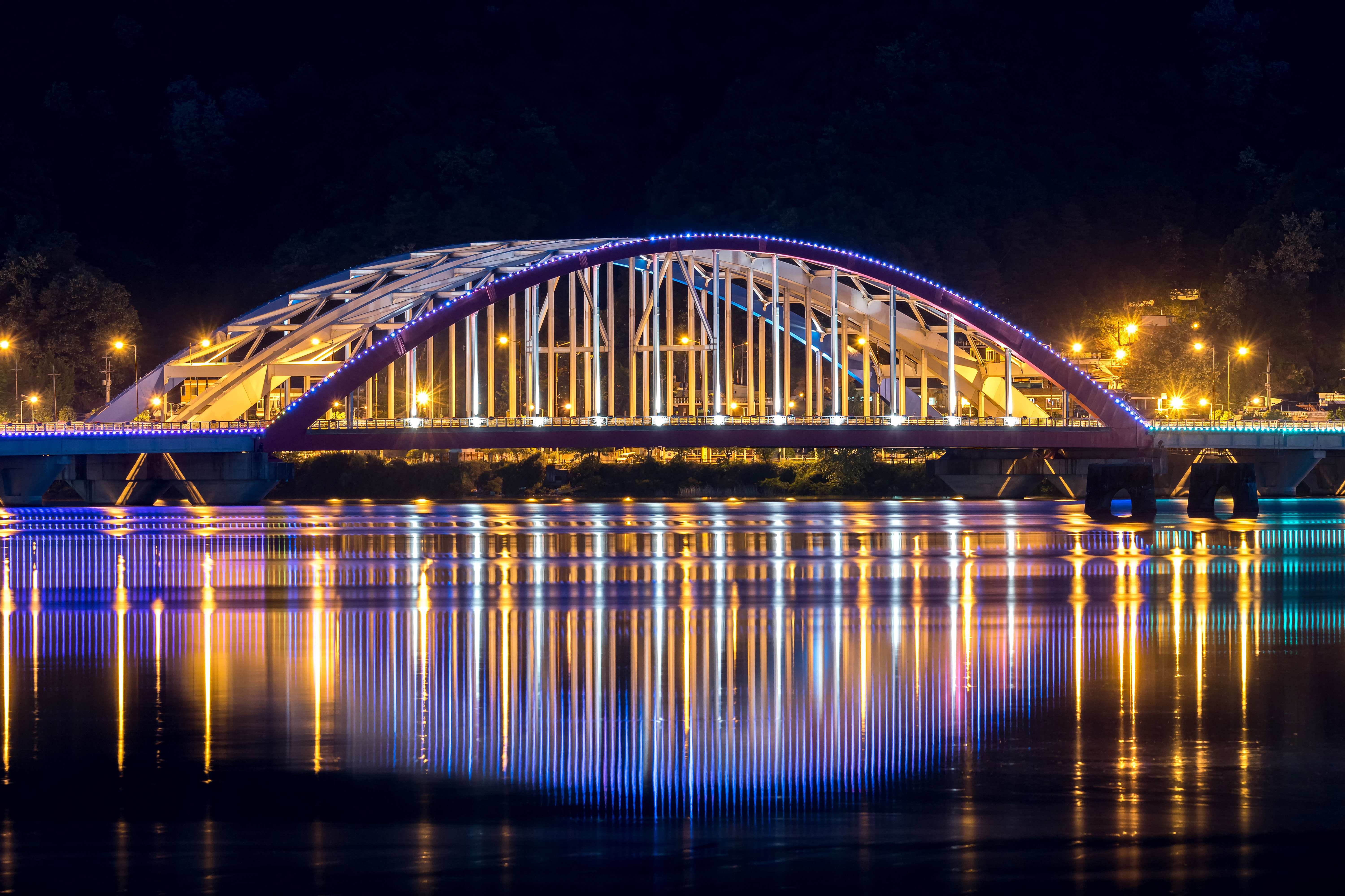 South Korea, Night, Bridge, Seoul, Neon, Lights, Cityscape, Reflection Wallpaper