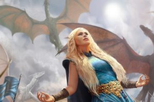 Daenerys Targaryen, Women, Blonde, Long hair, Braids, Blue eyes, Game of Thrones, Artwork, Fantasy art, Dragon, Dress, Blue dress