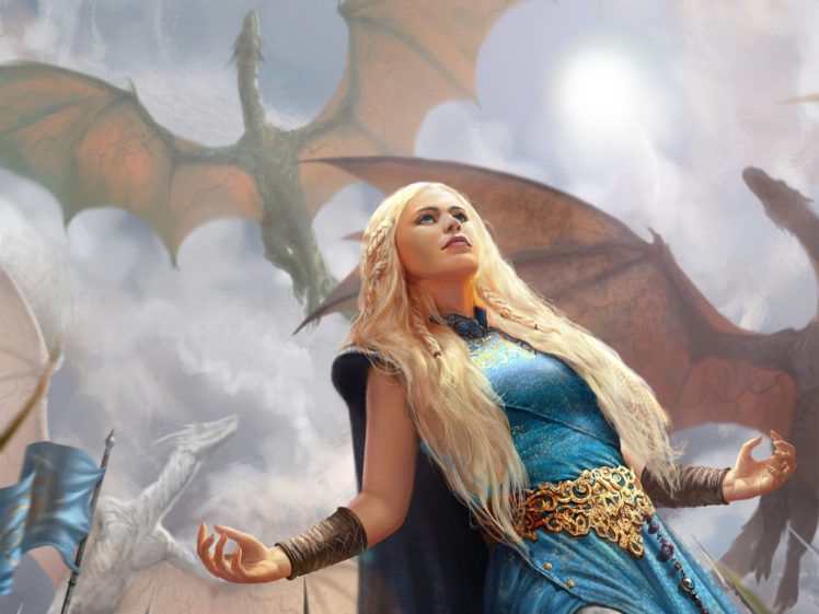Daenerys Targaryen, Women, Blonde, Long hair, Braids, Blue eyes, Game of Thrones, Artwork, Fantasy art, Dragon, Dress, Blue dress HD Wallpaper Desktop Background