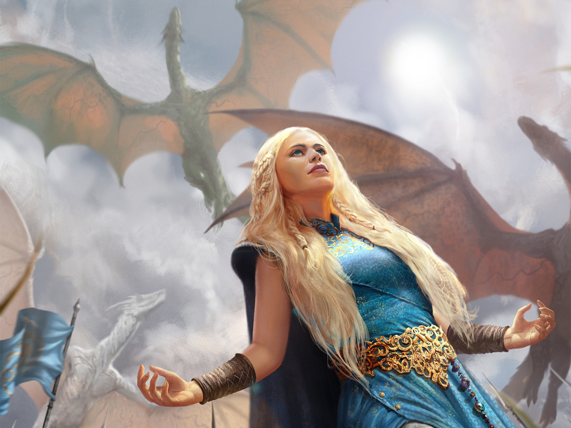 Daenerys Targaryen, Women, Blonde, Long hair, Braids, Blue eyes, Game of Thrones, Artwork, Fantasy art, Dragon, Dress, Blue dress Wallpaper