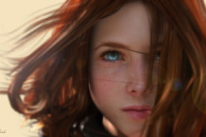 women, Blue eyes, Redhead, Face, Eyes, Depth of field, 3D, Wind, Render, Digital art