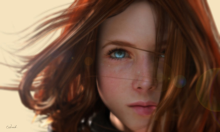 women, Blue eyes, Redhead, Face, Eyes, Depth of field, 3D, Wind, Render, Digital art HD Wallpaper Desktop Background