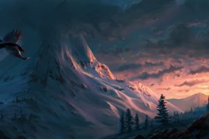 Michal Kus, Nature, Landscape, Winter, Snow, Birds, Digital art, Artwork, Mountains, Sunset, Trees, Eagle, Clouds, Rock