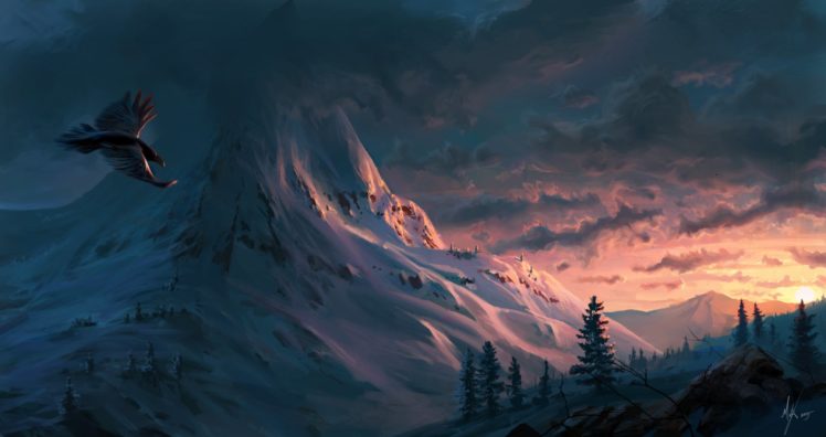 Michal Kus, Nature, Landscape, Winter, Snow, Birds, Digital art, Artwork, Mountains, Sunset, Trees, Eagle, Clouds, Rock HD Wallpaper Desktop Background