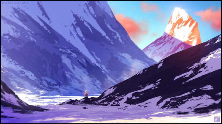 Tony Trujillo, Nature, Landscape, Winter, Snow, Clouds, Mountains, Digital art, Climbing, Sunset, Valley, Snowy peak HD Wallpaper Desktop Background