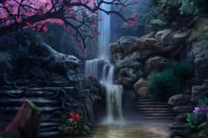 waterfall, Digital art, Garden