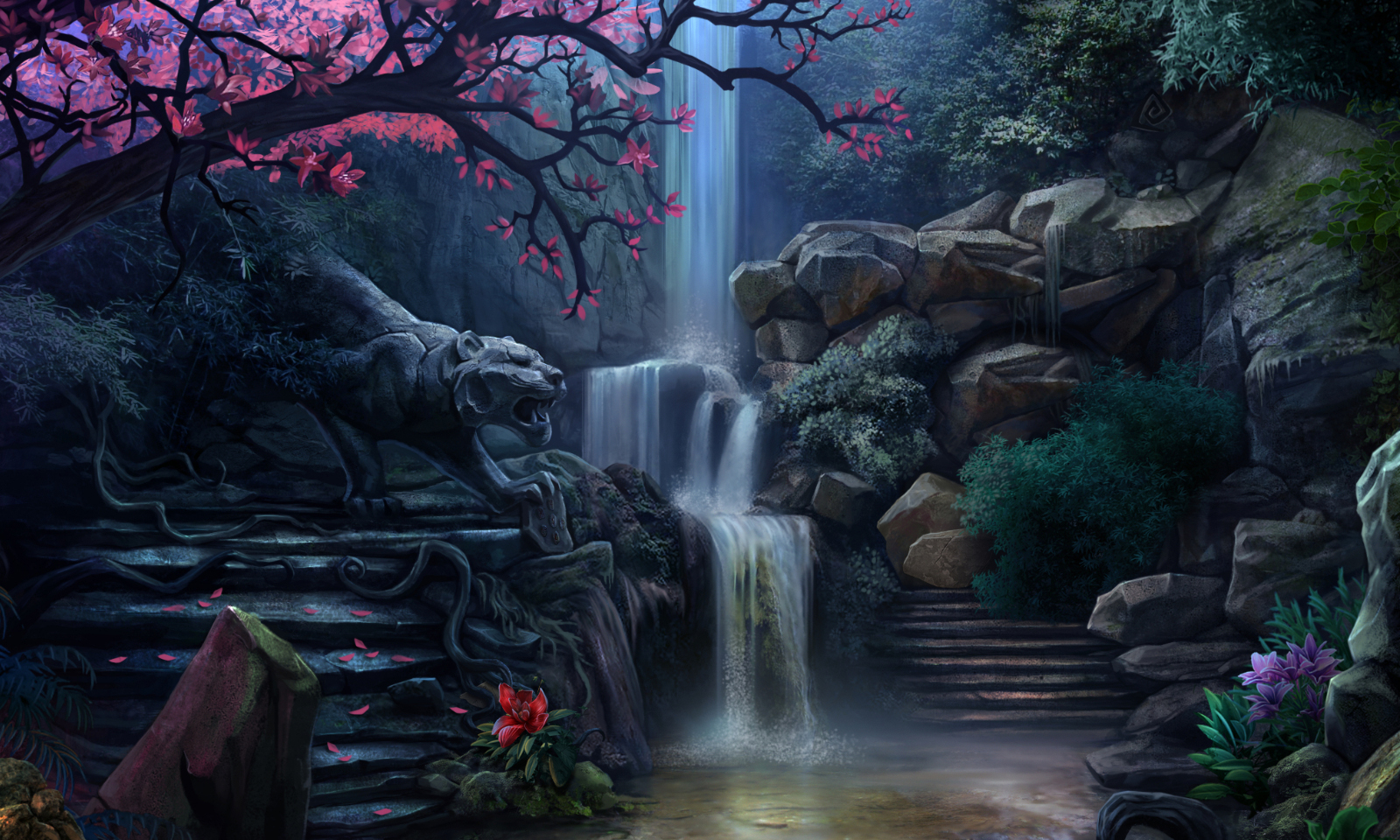 waterfall, Digital art, Garden Wallpaper