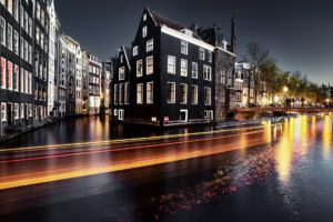 cityscape, Amsterdam, Night, Traffic, Long exposure