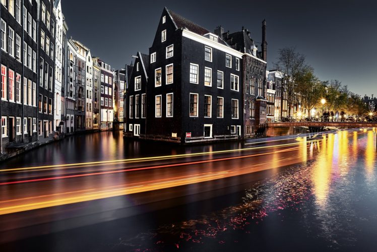 cityscape, Amsterdam, Night, Traffic, Long exposure HD Wallpaper Desktop Background