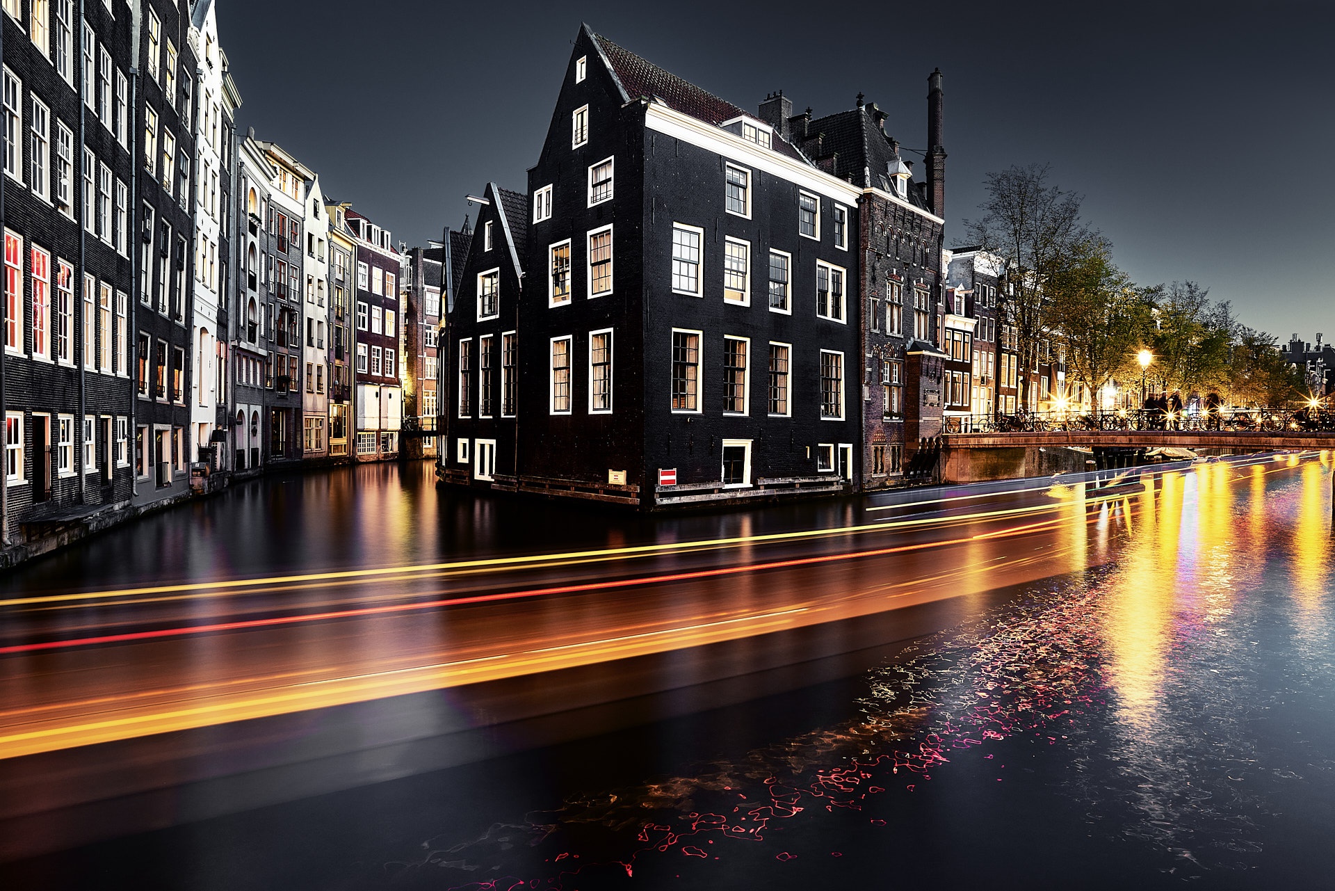 cityscape, Amsterdam, Night, Traffic, Long exposure Wallpaper