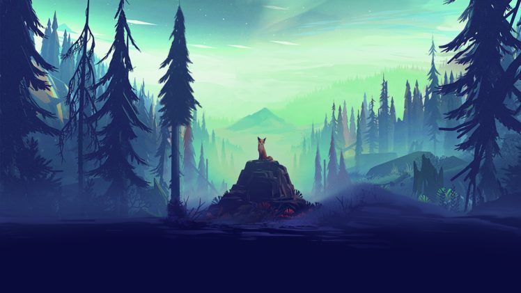 Mikael Gustafsson, Forest, Landscape, Horizon, Artwork, Pine trees, Nature, Aurorae, Digital art, Illustration, Fox, Mist HD Wallpaper Desktop Background