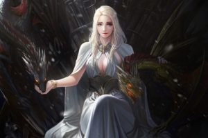 Daenerys Targaryen, Cleavage, Blonde, Digital art, Game of Thrones, Dragon, A Song of Ice and Fire, TV, Fantasy girl, Fantasy art, Throne, Iron Throne