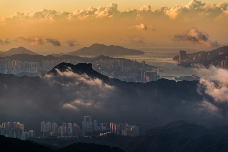 Hong Kong, Victoria Harbour, Sky, Mountains, Clouds, Building, Horizon