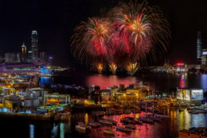 Hong Kong, Victoria Harbour, Fireworks, Pier, Night, Yacht, Skyscraper