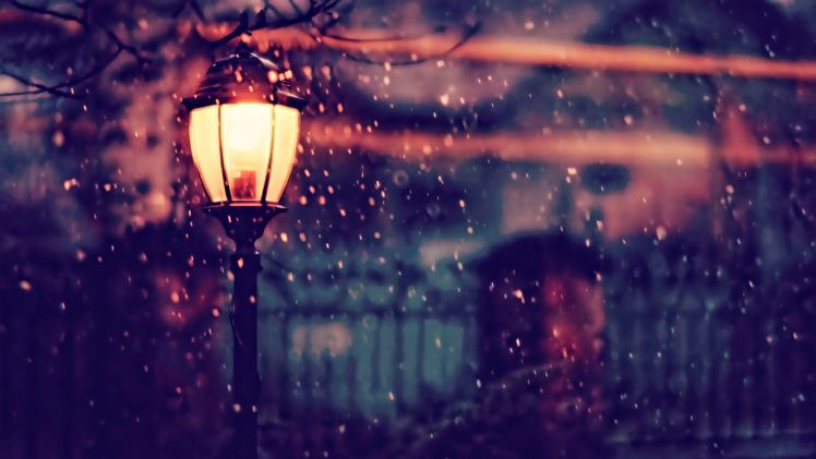street light, Winter, Snow, Warm, Depth of field HD Wallpaper Desktop Background