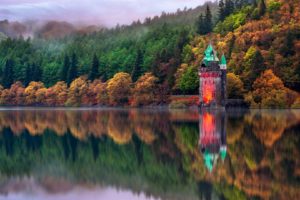Wales, Lake, Reflection, Building, Nature, Landscape