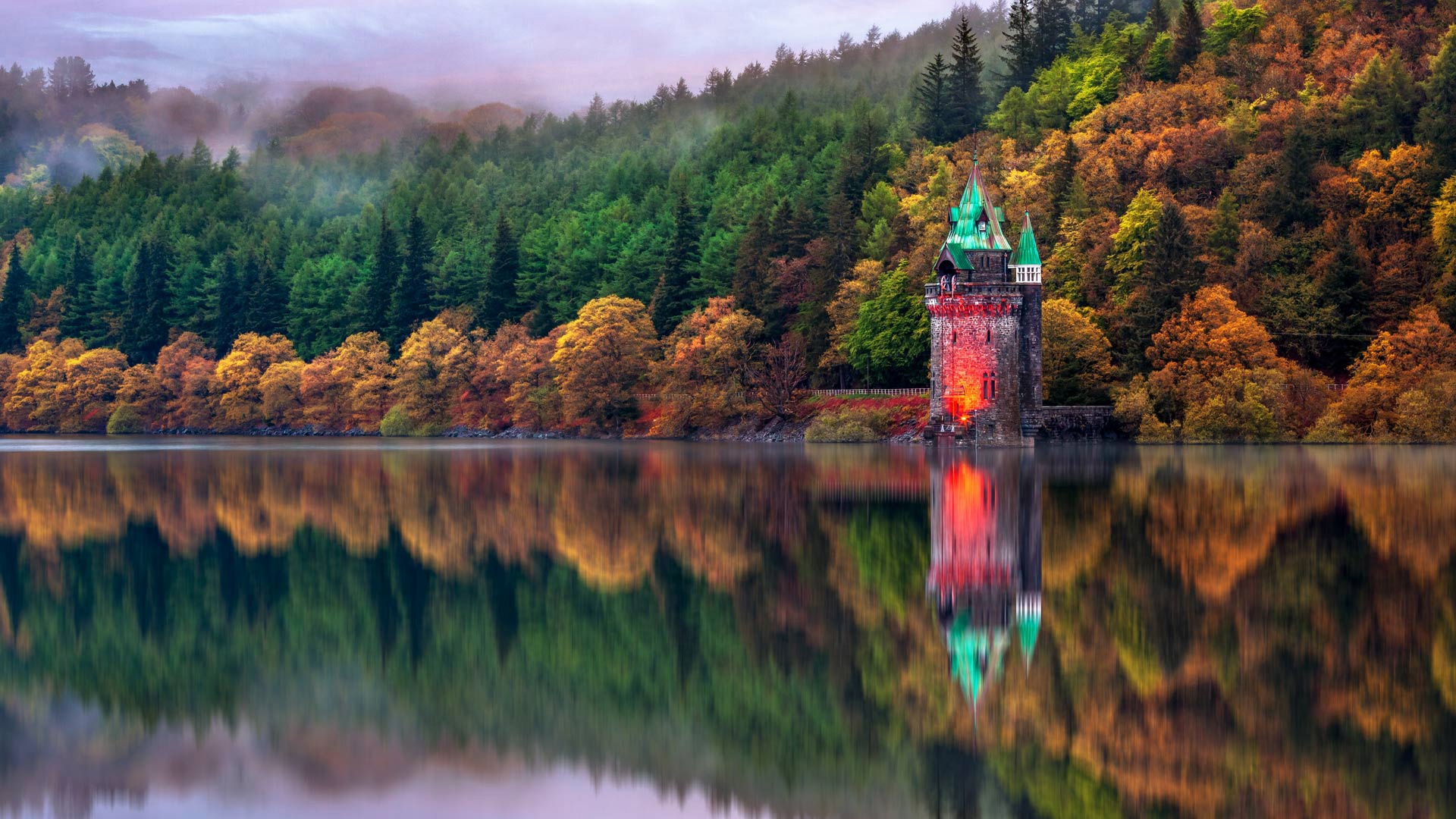 Wales, Lake, Reflection, Building, Nature, Landscape Wallpaper