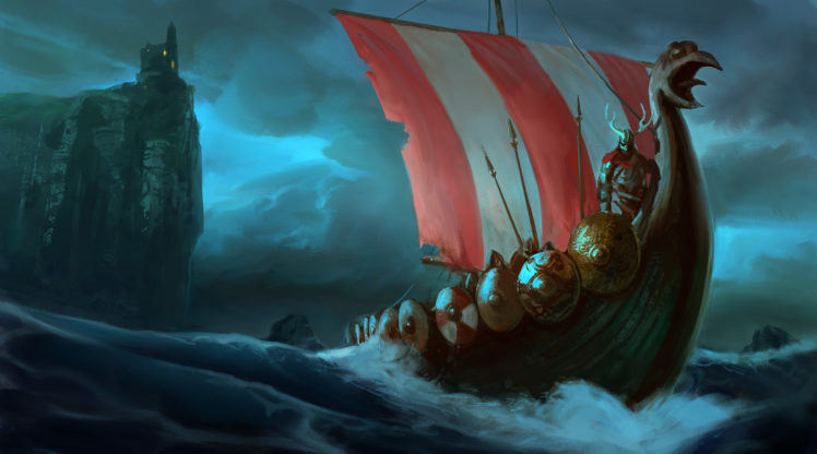warrior, Digital art, Vikings, Longships, Storm HD Wallpaper Desktop Background