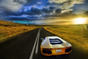 blue, Sky, Road, Asphalt, Clouds, Landscape, Sunlight, Lamborghini, Lamborghini Aventador, Car, Yellow cars, Vehicle