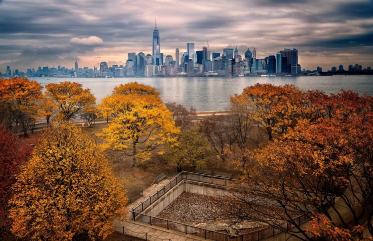 fall, Trees, Sky, USA, New York City, Manhattan, Cityscape, Freedom Tower HD Wallpaper Desktop Background
