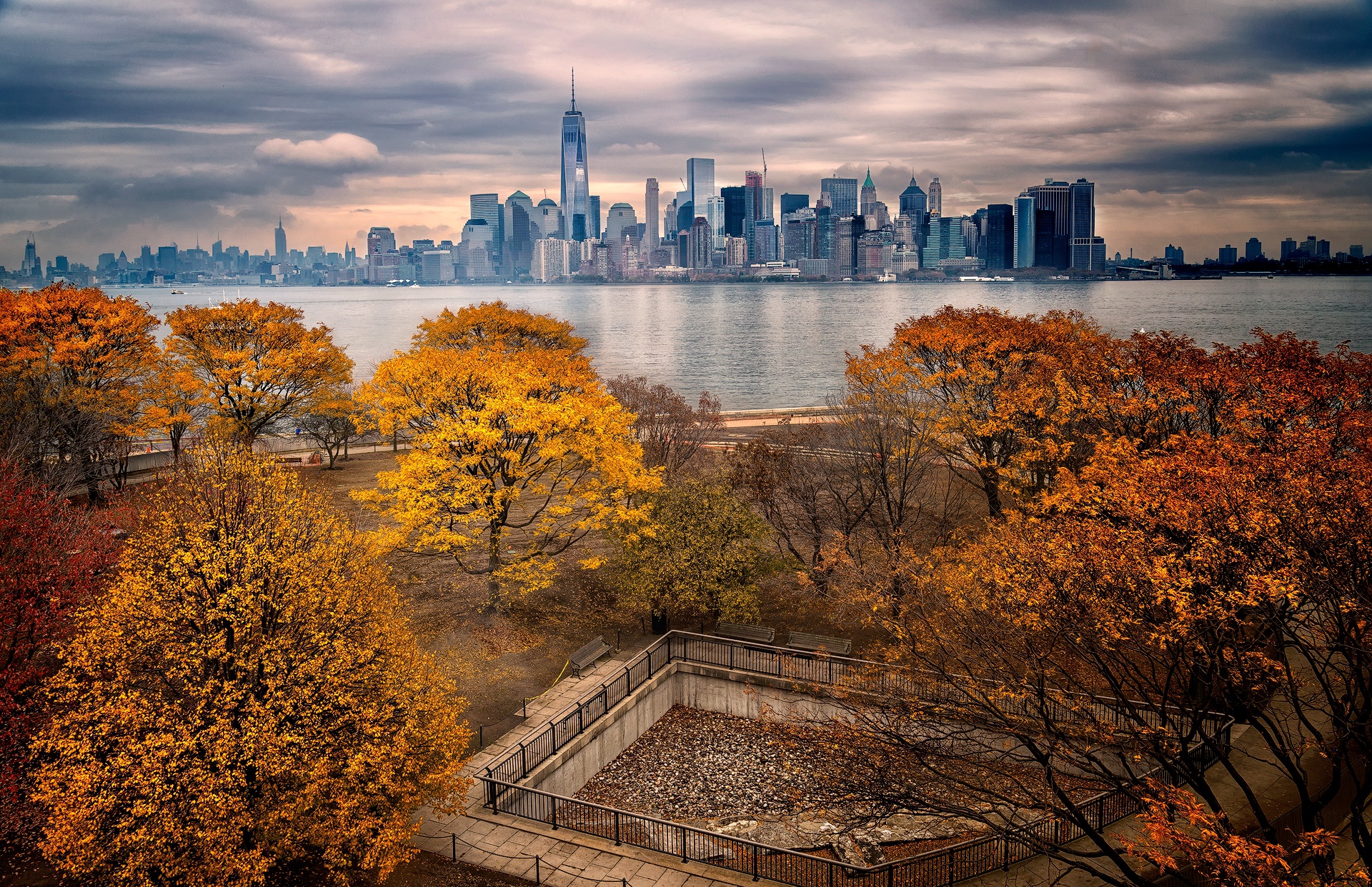 fall, Trees, Sky, USA, New York City, Manhattan, Cityscape, Freedom