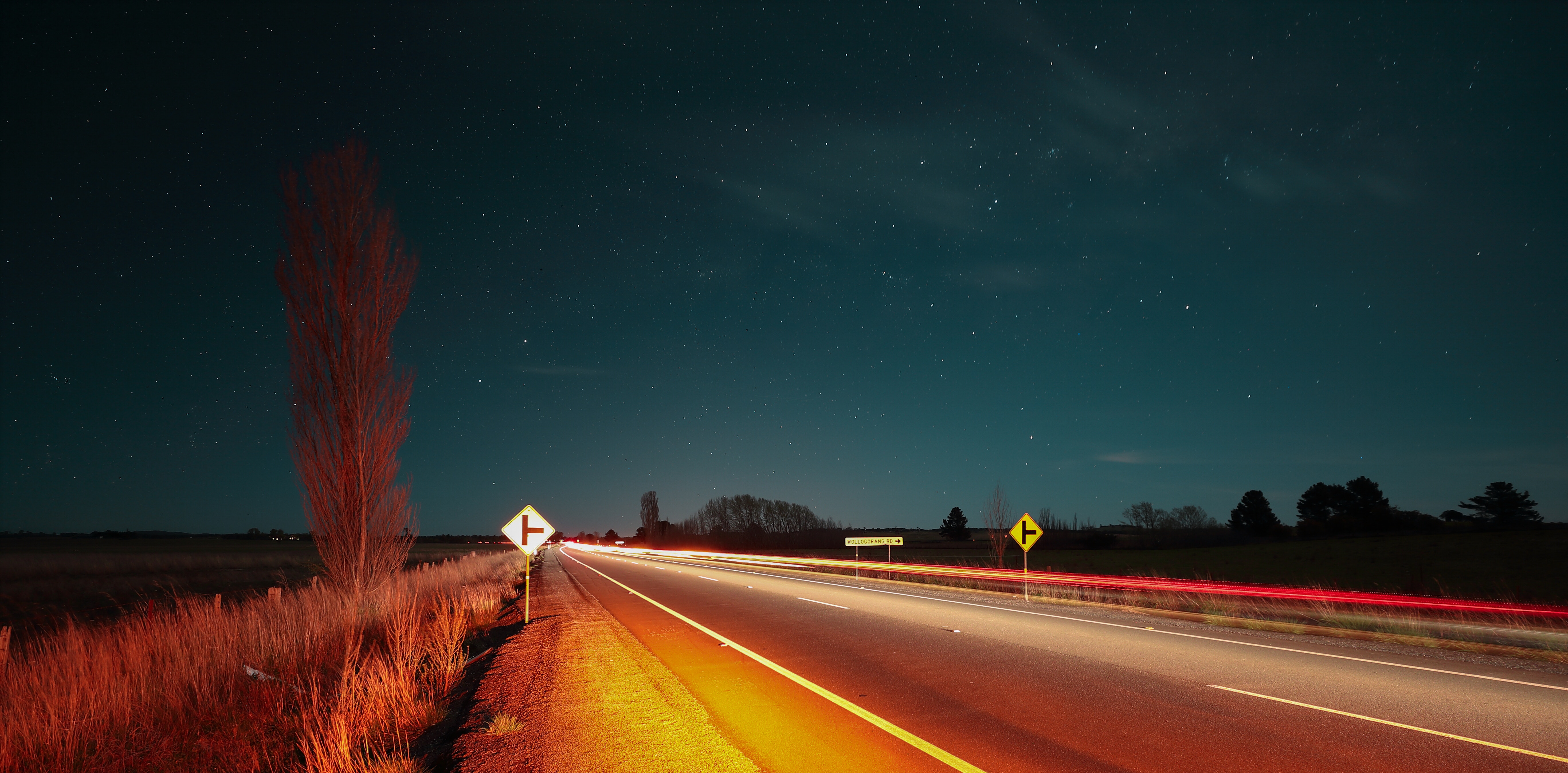 road, Starry night, Night, Lights, Car Wallpaper