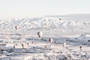 hot air balloons, Snow, Landscape, Nature