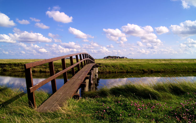 bridge, Nature, Green, Blue, Sky, Water HD Wallpaper Desktop Background