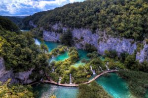 nature, Landscape, Trees, Bridge, Plitvice National Park, Plitvice Lakes National Park, Croatia, River, Cliff, Europe