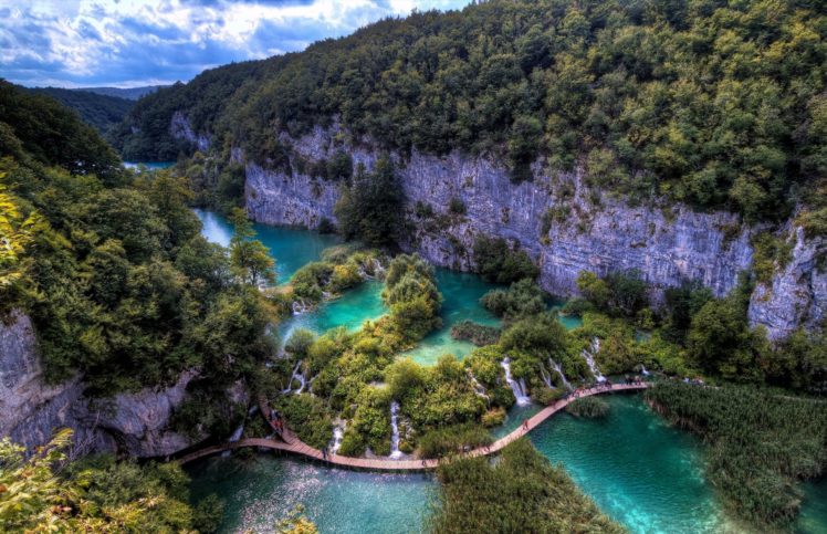 nature, Landscape, Trees, Bridge, Plitvice National Park, Plitvice Lakes National Park, Croatia, River, Cliff, Europe HD Wallpaper Desktop Background