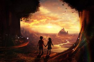 children, Sky, Forest, Trees, River, Palace, Clouds, Sun, Lights, Fantasy art, City
