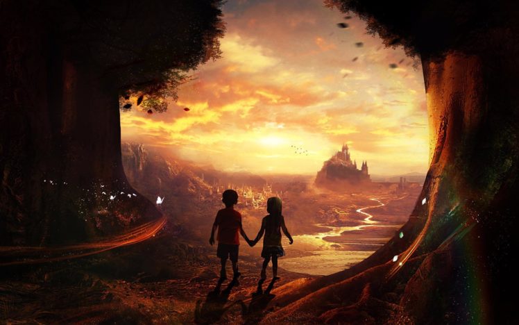 children, Sky, Forest, Trees, River, Palace, Clouds, Sun, Lights, Fantasy art, City HD Wallpaper Desktop Background