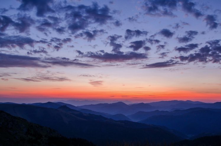 sunset, Mountains, Sky, Clouds, Forest, Mist HD Wallpaper Desktop Background