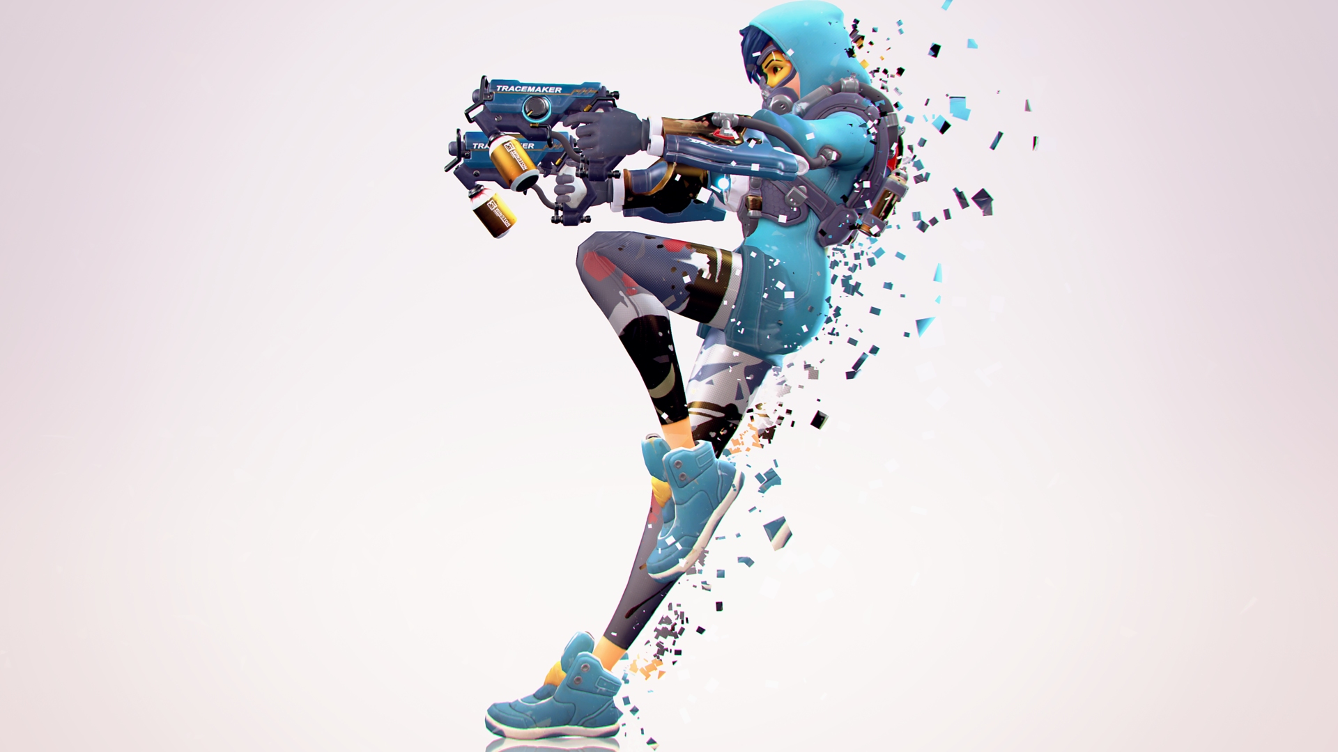Overwatch, Video games, Tracer (Overwatch), White  background, Dispersion, Simple background, Digital art Wallpaper