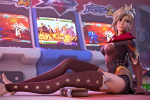 barefoot, Feet, Women, Blonde, Overwatch, Video games, Mercy (Overwatch), Thigh highs, Tight clothing, Toes