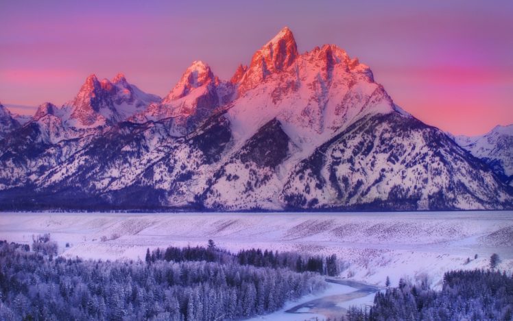 snow, Mountains, Sky, Snowy peak, Sunset, Grand Teton National Park, Snake river overlook, Trees, Forest HD Wallpaper Desktop Background