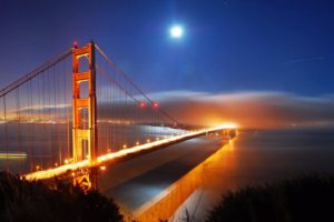 bridge, Sky, Moon, Clouds, Lights, Night, Nature, Cityscape, City, USA, Water, Golden Gate Bridge, San Francisco