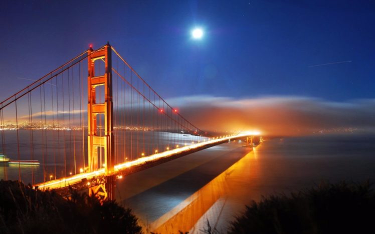 bridge, Sky, Moon, Clouds, Lights, Night, Nature, Cityscape, City, USA, Water, Golden Gate Bridge, San Francisco HD Wallpaper Desktop Background