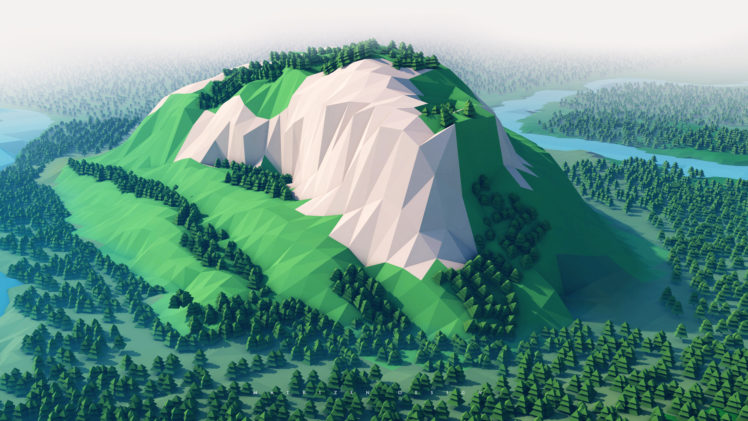 low poly, 3D, Cinema 4D, Digital art, Mountains, Forest, River, Sky, Landscape, Photoshop HD Wallpaper Desktop Background