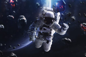 Meteorites And Astronaut. Deep Space Image, Science Fiction Fant