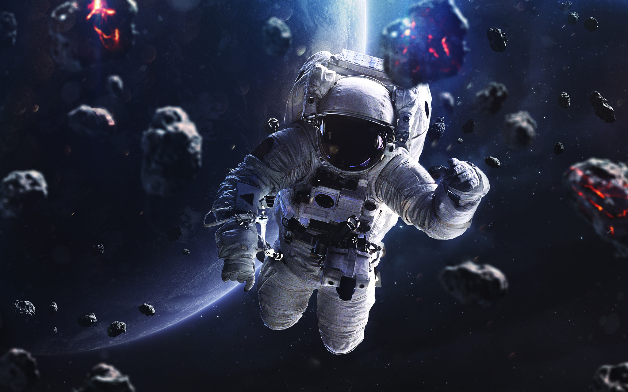 Meteorites And Astronaut. Deep Space Image, Science Fiction Fant Wallpaper