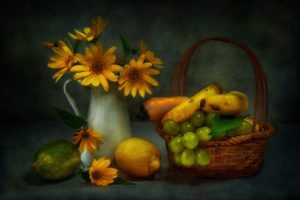 still life, Food, Yellow flowers, Fruit