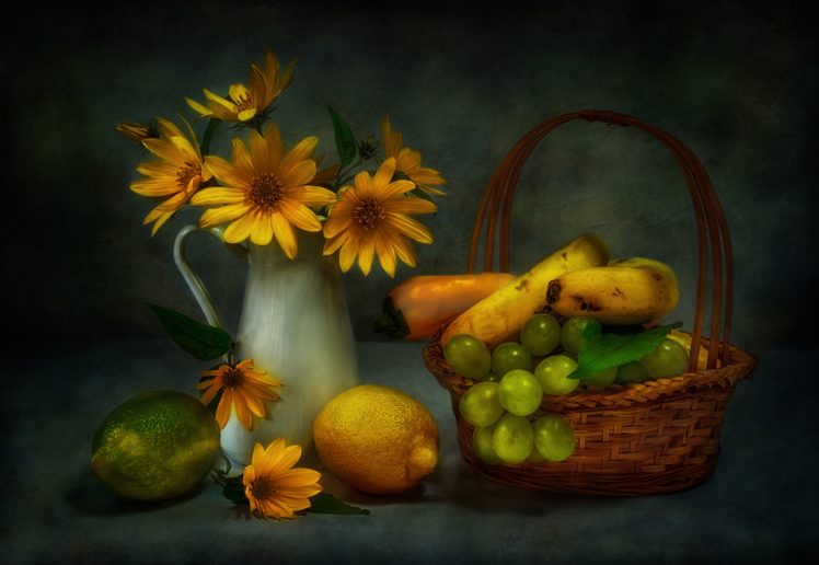 still life, Food, Yellow flowers, Fruit HD Wallpaper Desktop Background